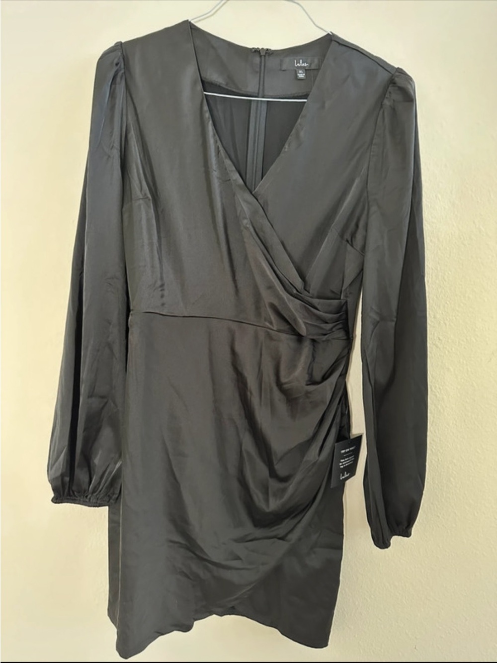 Lulu's Black Satin Long Sleeve Wrap Mini Dress